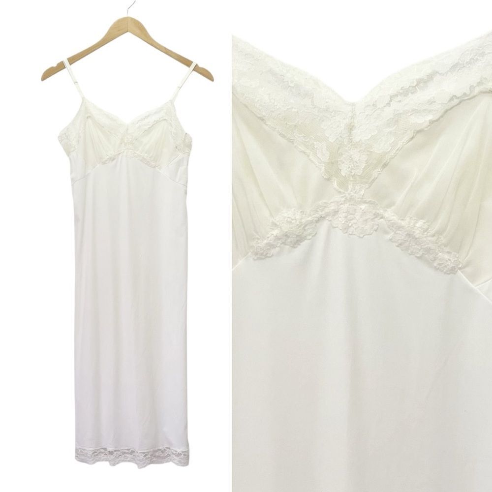 Vintage White Nylon Full Slip Lace Trim Adjustable Straps 1950s Era Lingerie